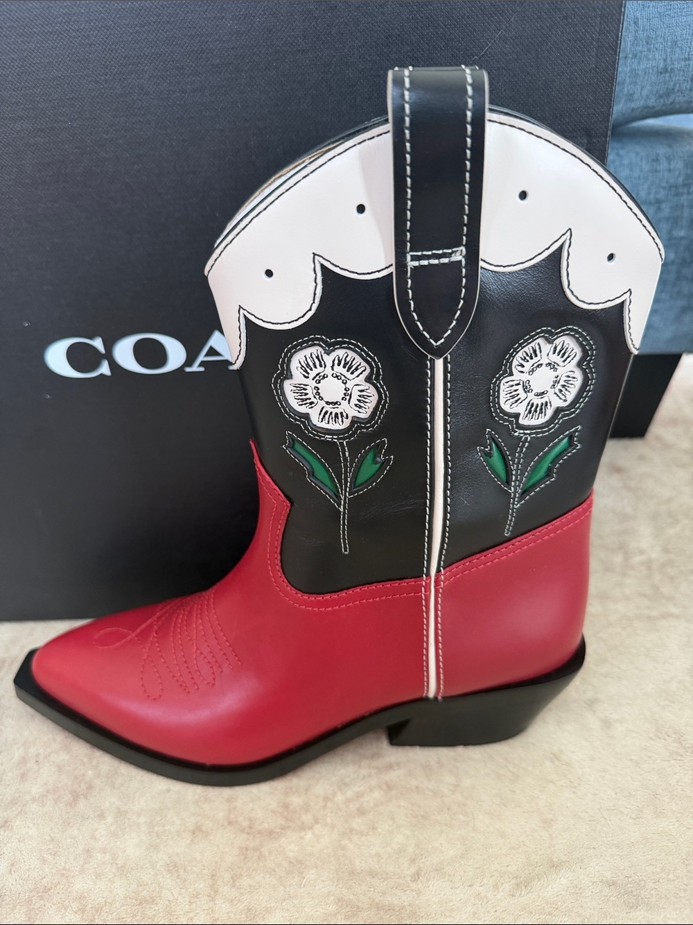 Coach Aria Red, Black and White Western Flower Appliqué Boot